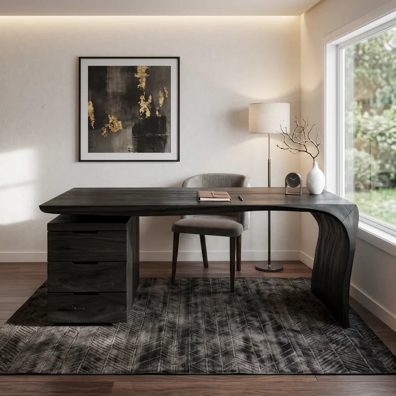 Spry Interior Modern Carved Wood Desk with Curved Leg & Drawer Cabinet, Handcrafted Writing Desk for Office Workspace, Model RTTHHNDE079