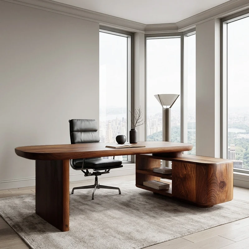 Spry Interior Contemporary Wooden L Desk with Rounded Form, Handcrafted Solid Wood L-Shaped Corner Desk for Home Office, Model RTTHHNDE109