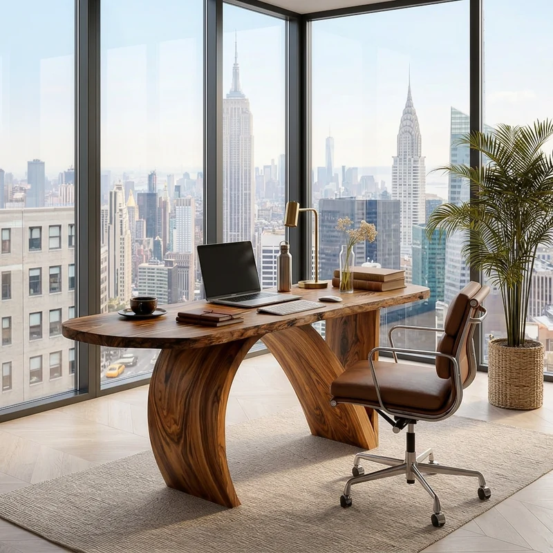 Spry Interior Contemporary Wooden Desk with Artistic Sculptural Base, Handcrafted Writing Desk for Home Office Workspace, Model RTTHTTDE077