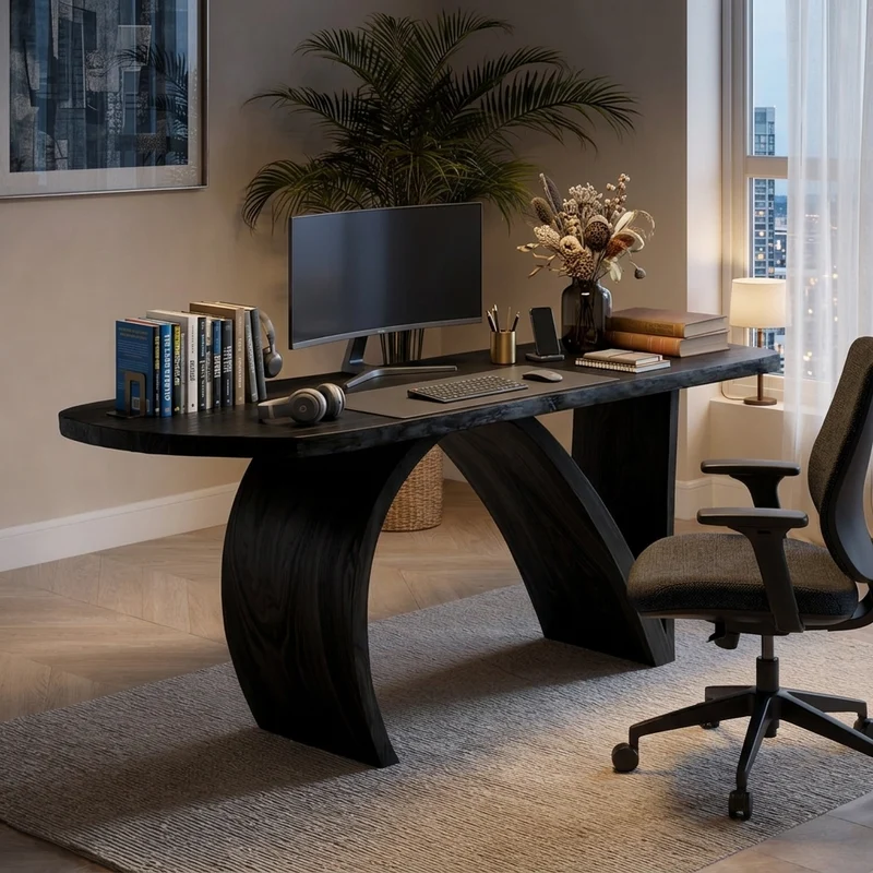 Spry Interior Contemporary Wooden Desk with Artistic Sculptural Base, Handcrafted Writing Desk for Home Office Workspace, Model RTTHTTDE077