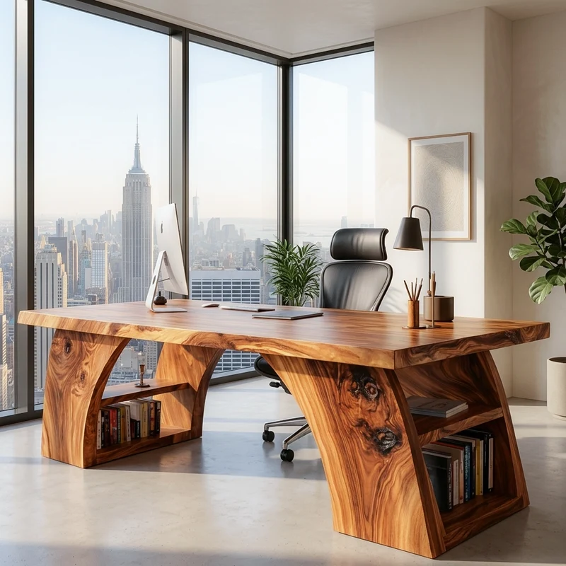 Spry Interior Contemporary Wooden Desk with Open Shelving, Handcrafted Solid Wood Writing & Computer Desk for Home Office, Model RTTHTTDE068