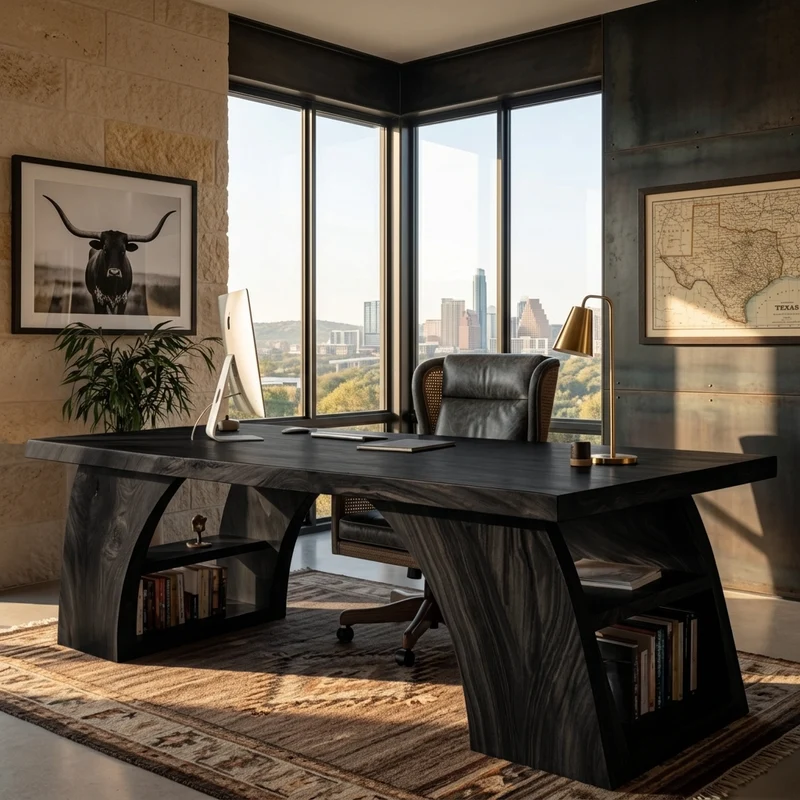 Spry Interior Contemporary Wooden Desk with Open Shelving, Handcrafted Solid Wood Writing & Computer Desk for Home Office, Model RTTHTTDE068