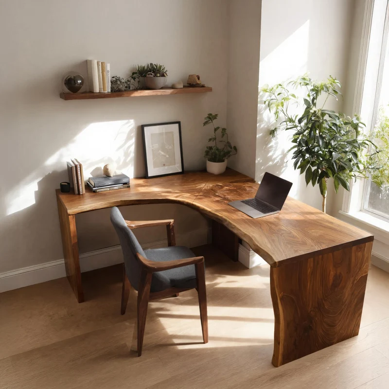 Spry Interior Modern Live Edge L Shaped Desk, Handcrafted Solid Wood Corner Desk & Writing Workstation for Home Office, Model SITHHNDE053