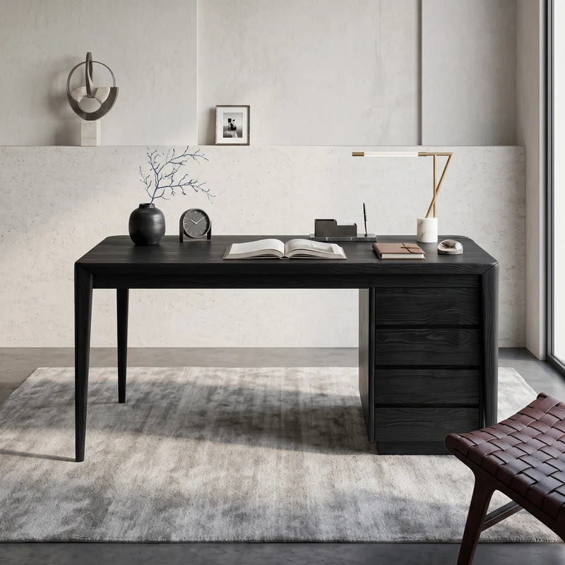 Spry Interior Modern Writing Desk with Drawers, Handcrafted Solid Wood Computer Desk & Workstation for Office Workspace, Model SITHHNDE045