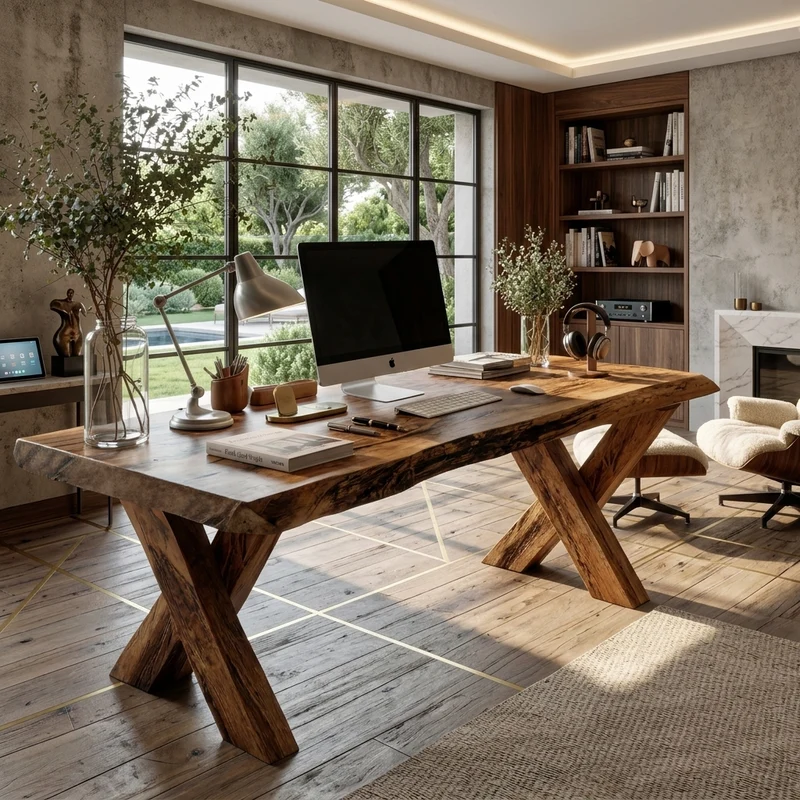 Spry Interior Rustic Live Edge Desk with X-Legs, Handcrafted Solid Wood Executive Writing Desk & Computer Table for Home Office, SITHTTDE035
