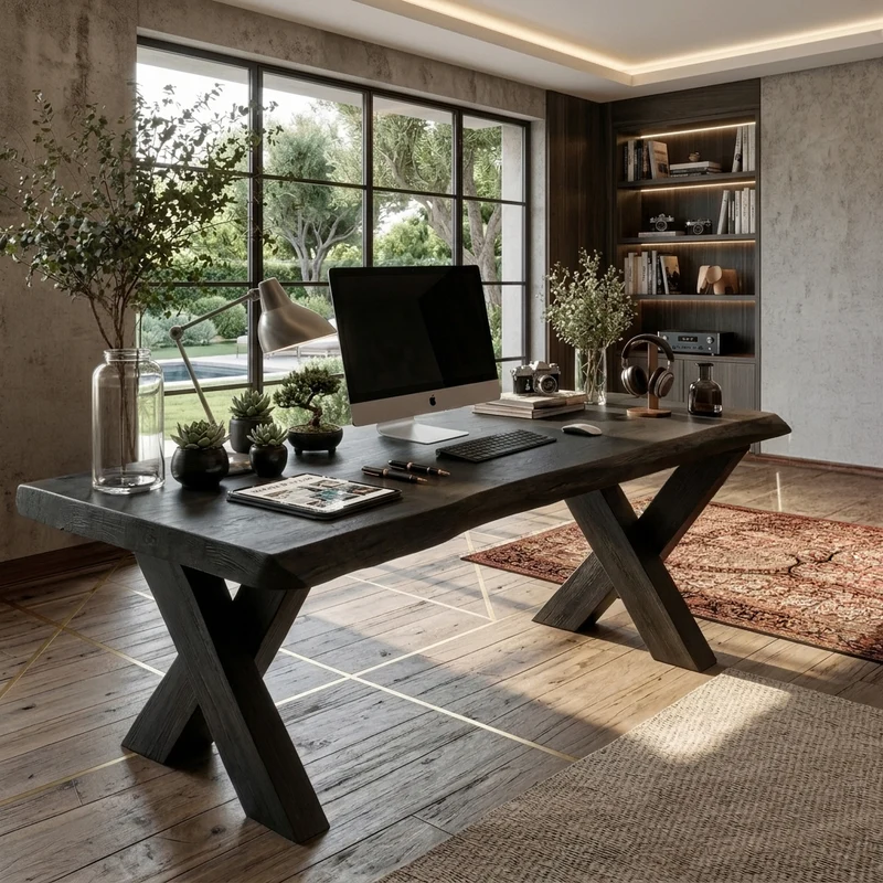 Spry Interior Rustic Live Edge Desk with X-Legs, Handcrafted Solid Wood Executive Writing Desk & Computer Table for Home Office, SITHTTDE035