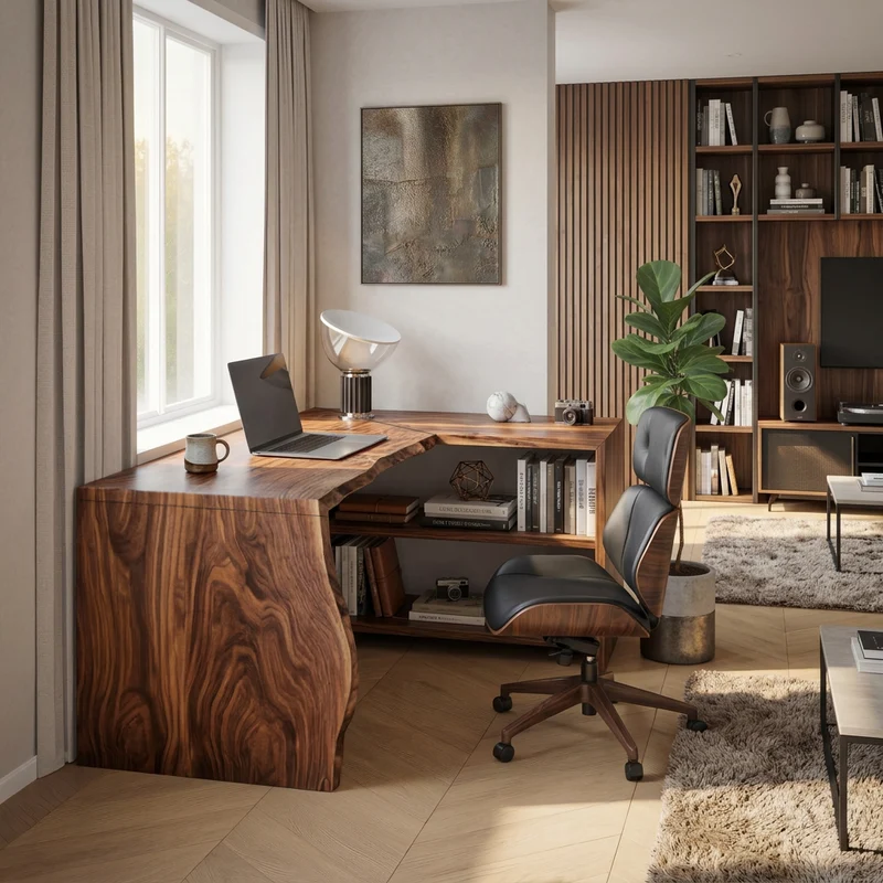 Spry Interior Modern L-Shaped Wooden Desk with Storage, Handcrafted Solid Wood Corner Executive Computer Desk for Home Office, SITHTTDE018