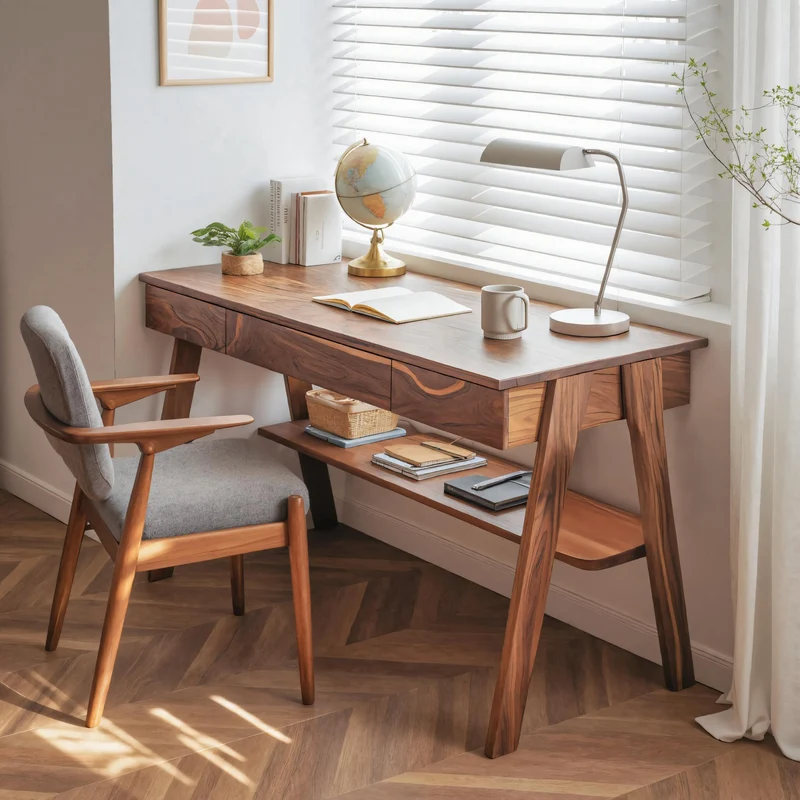 Spry Interior Mid Century Modern Solid Wood Writing Desk with Drawers & Storage Shelf for Home Office Workstation, Walnut Brown, SITHTTDE017