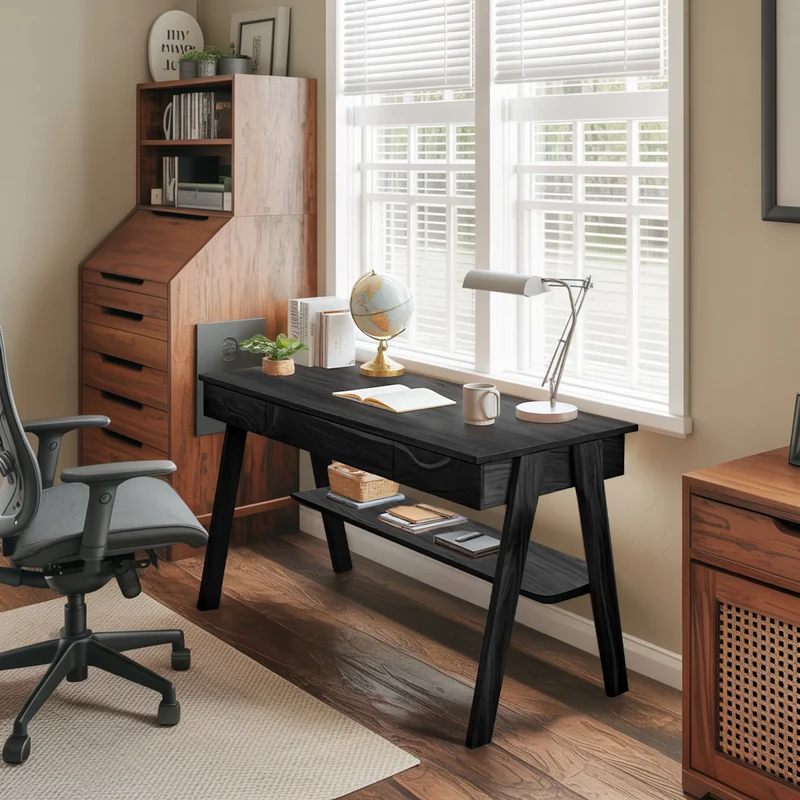 Spry Interior Mid Century Modern Solid Wood Writing Desk with Drawers & Storage Shelf for Home Office Workstation, Walnut Brown, SITHTTDE017