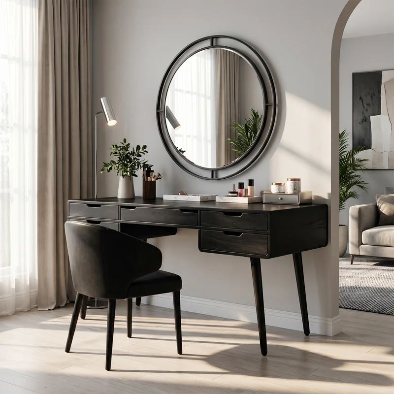 Classic Wooden Makeup Vanity Desk, Handcrafted Dressing Table with Storage Drawers for Bedroom Beauty Area & Dressing Room, SILDTTRMV024