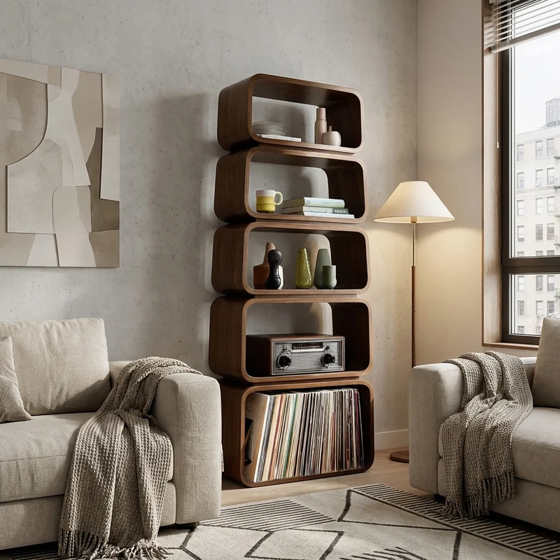 Spry Interior Mid-Century Wooden Standing Shelf, Tiered Bookcase Display Organizer, Retro Storage Rack for Living Room Decor - RTTHHNSS008