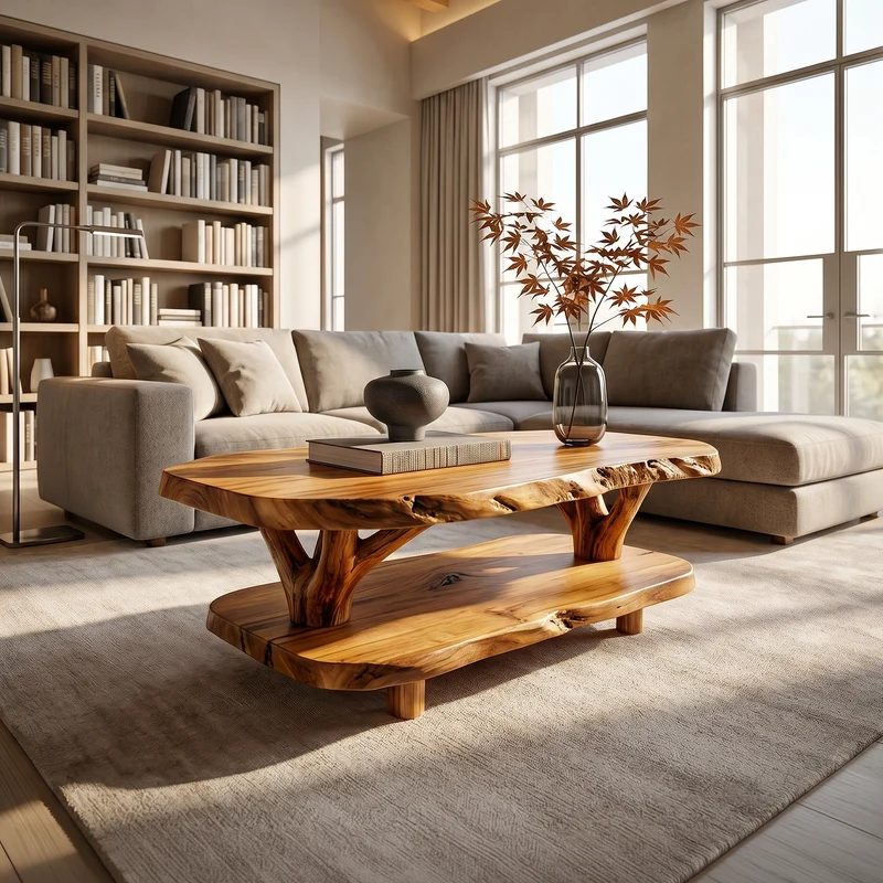 Spry Interior Rustic Live Edge Solid Wood Coffee Table, Natural Slab Center Table for Study Library and Country Home Decor, SILDTTRCF114