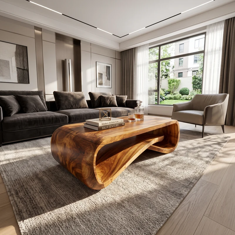 Spry Interior Contemporary Wave Wood Coffee Table, Sculptural Solid Wood Center Table for Modern Living Room and Lounge, SILDTTRCF106