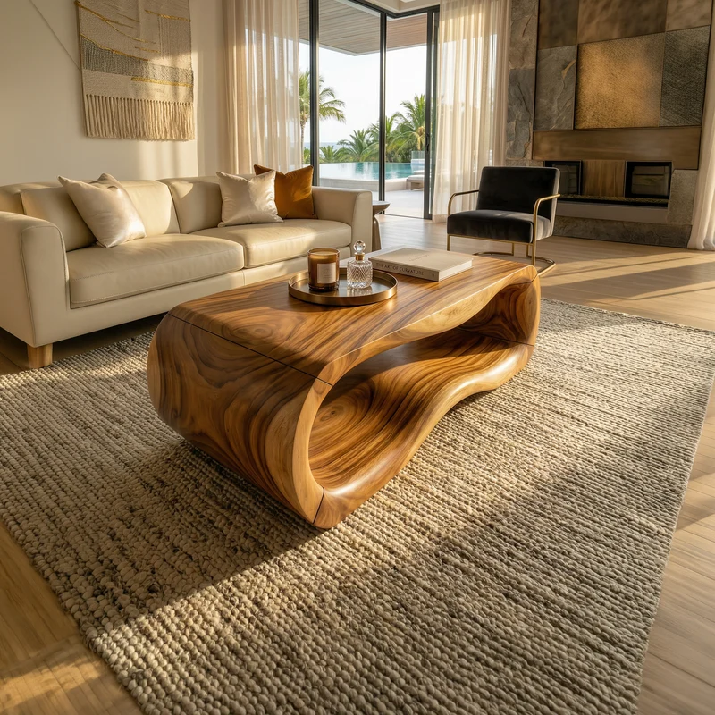 Spry Interior Luxury Sculptural Wood Coffee Table, Solid Wood Contemporary Accent Center Table for Designer Villa and Living Room, SILDTTRCF104