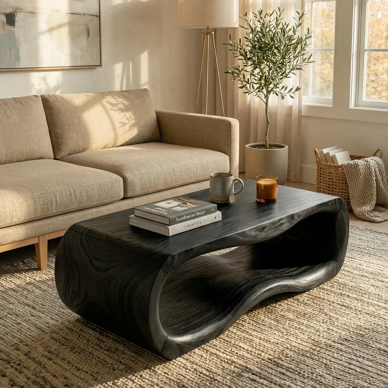 Spry Interior Luxury Sculptural Wood Coffee Table, Solid Wood Contemporary Accent Center Table for Designer Villa and Living Room, SILDTTRCF104