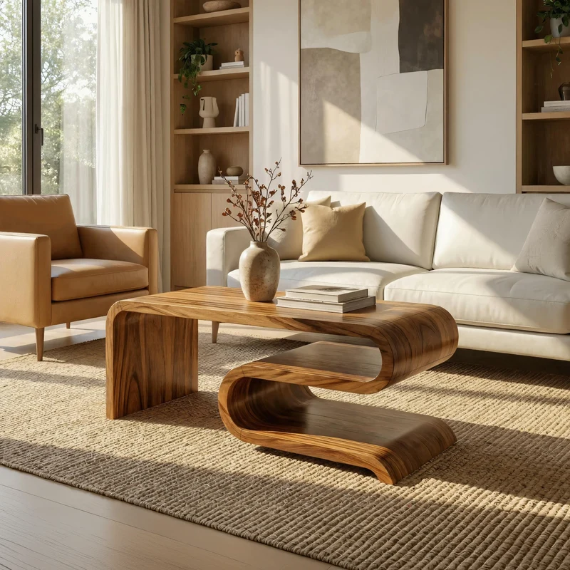 Spry Interior Modern Curved Solid Wood Coffee Table, Minimalist Sculptural Center Table for Living Room Lounge, Contemporary, SILDTTRCF102