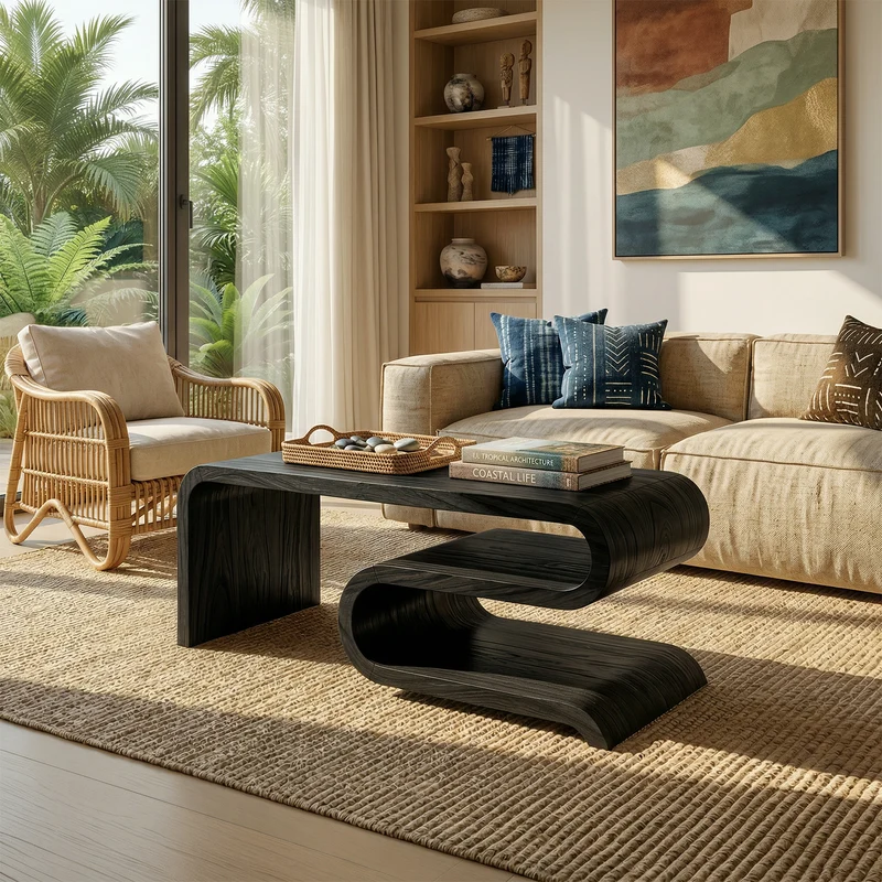 Spry Interior Modern Curved Solid Wood Coffee Table, Minimalist Sculptural Center Table for Living Room Lounge, Contemporary, SILDTTRCF102