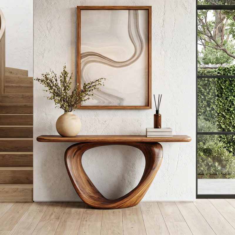 Spry Interior Sculptural Live Edge Console Table with Loop Shaped Wooden Base, Solid Wood Entryway Sofa Table for Living Room, SINLHACS585