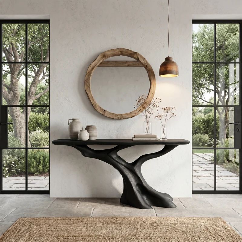 Spry Interior Nature Inspired Solid Wood Console Table with Tree Root Base, Rustic Live Edge Entryway Sofa Table for Living Room, SINLHACS584