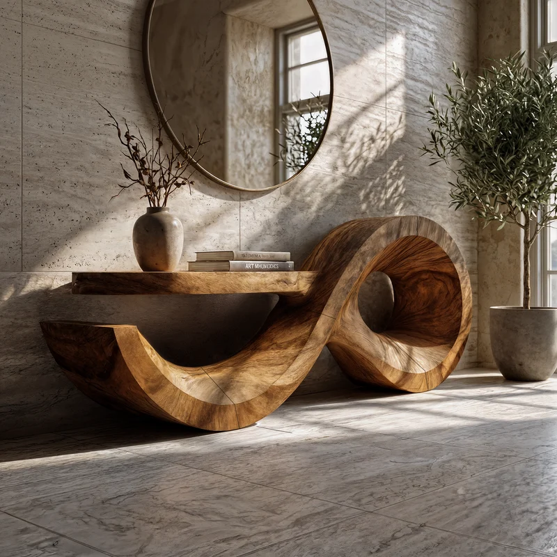 Spry Interior Contemporary Solid Wood Console Table with Sculptural Wave Base, Modern Entryway Sofa Table for Living Room, SINLKICS601
