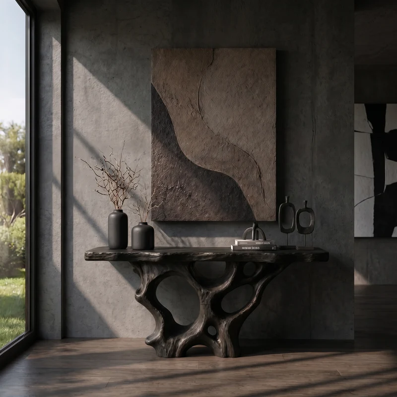 Spry Interior Organic Solid Wood Console Table with Sculptural Natural Wood Base, Unique Entryway Sofa Table for Living Room, SINLKICS599