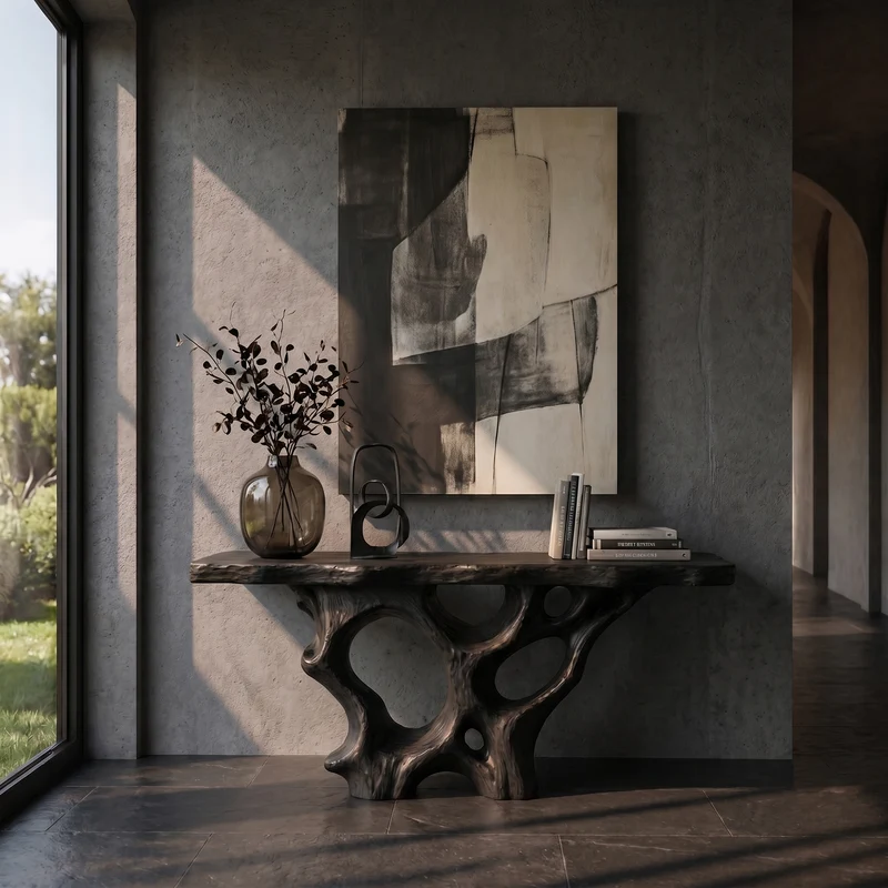 Spry Interior Organic Solid Wood Console Table with Sculptural Natural Wood Base, Unique Entryway Sofa Table for Living Room, SINLKICS599