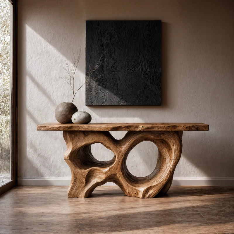 Modern Console Table With Sculptural Asymmetrical Wood Base For Living Room SINLKICS598