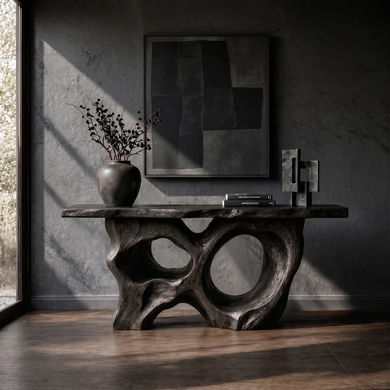 Modern Console Table With Sculptural Asymmetrical Wood Base For Living Room SINLKICS598