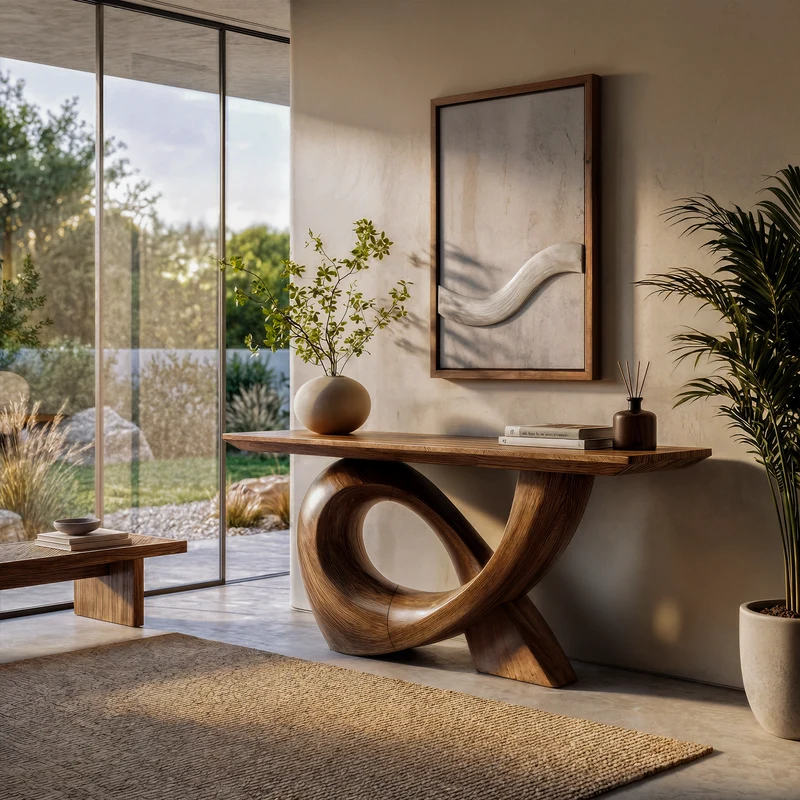 Spry Interior Sculptural Solid Wood Console Table with Flowing Curved Base, Modern Entryway Sofa Table for Living Room, SINLKICS596