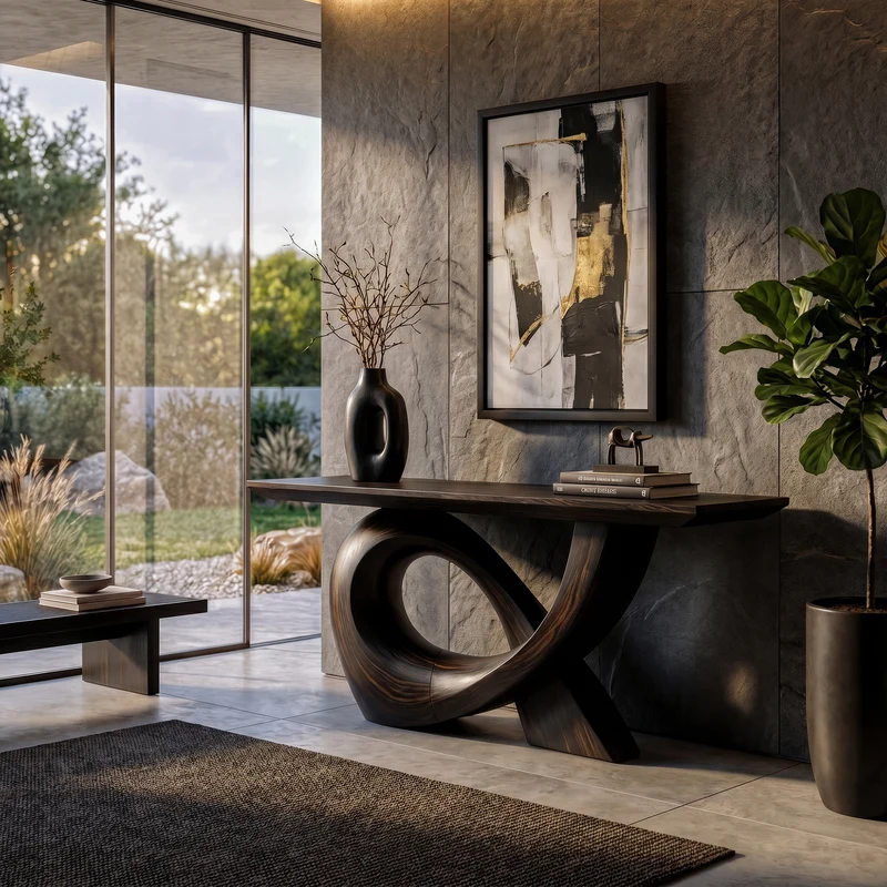 Spry Interior Sculptural Solid Wood Console Table with Flowing Curved Base, Modern Entryway Sofa Table for Living Room, SINLKICS596