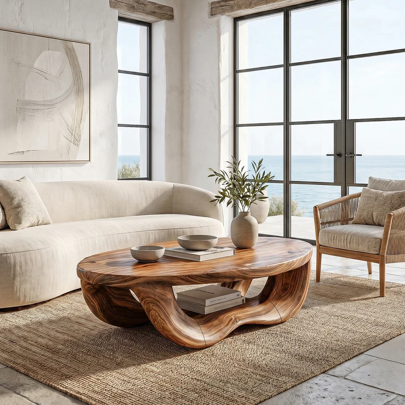 Spry Interior Modern Organic Coffee Table, Handcrafted Curved Solid Wood Center Table for Contemporary Living Room and Lounge, SINLHACF393