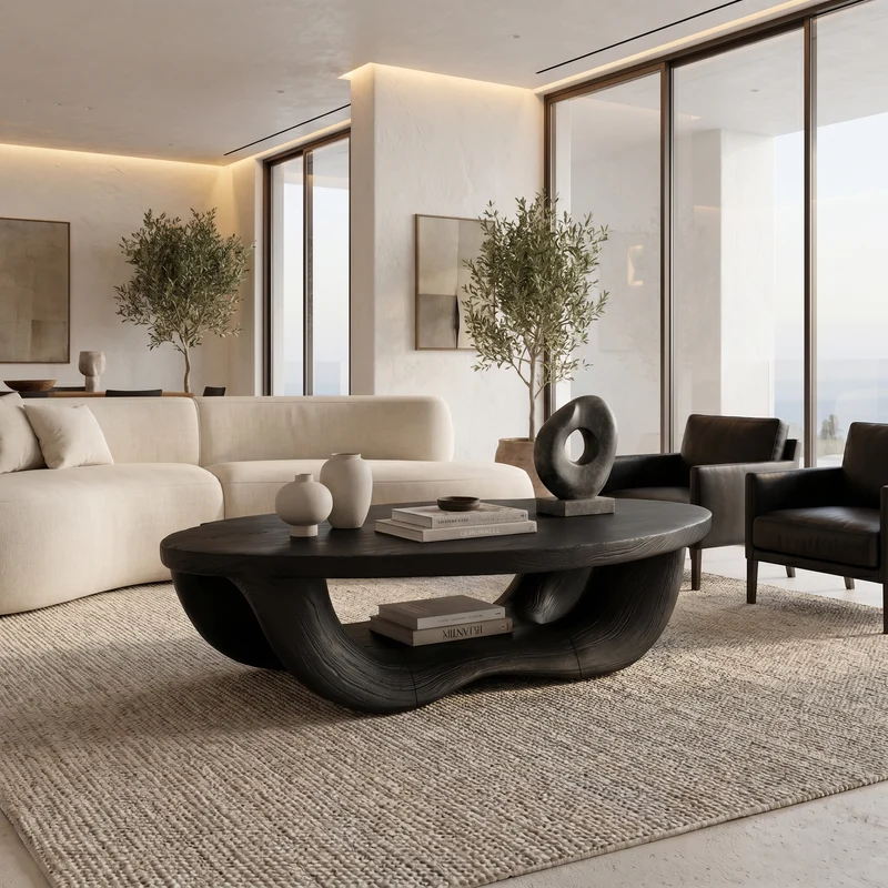 Spry Interior Modern Organic Coffee Table, Handcrafted Curved Solid Wood Center Table for Contemporary Living Room and Lounge, SINLHACF393