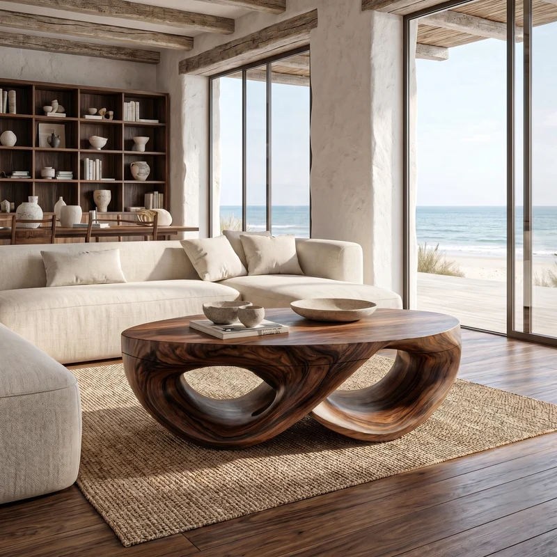 Spry Interior Organic Sculptural Solid Wood Coffee Table, Flowing Wood Center Table for Contemporary Living Room Lounge, SINLHACF392