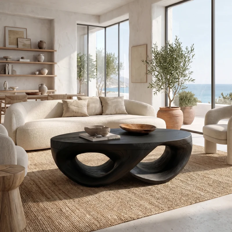 Spry Interior Organic Sculptural Solid Wood Coffee Table, Flowing Wood Center Table for Contemporary Living Room Lounge, SINLHACF392