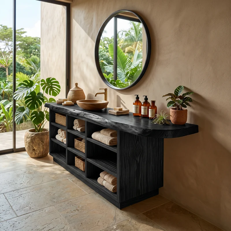 Spry Interior Japandi Solid Wood Washstand Vanity, Minimalist Zen Bathroom Sink Cabinet and Floating Console Storage, SILDTTRBRV164