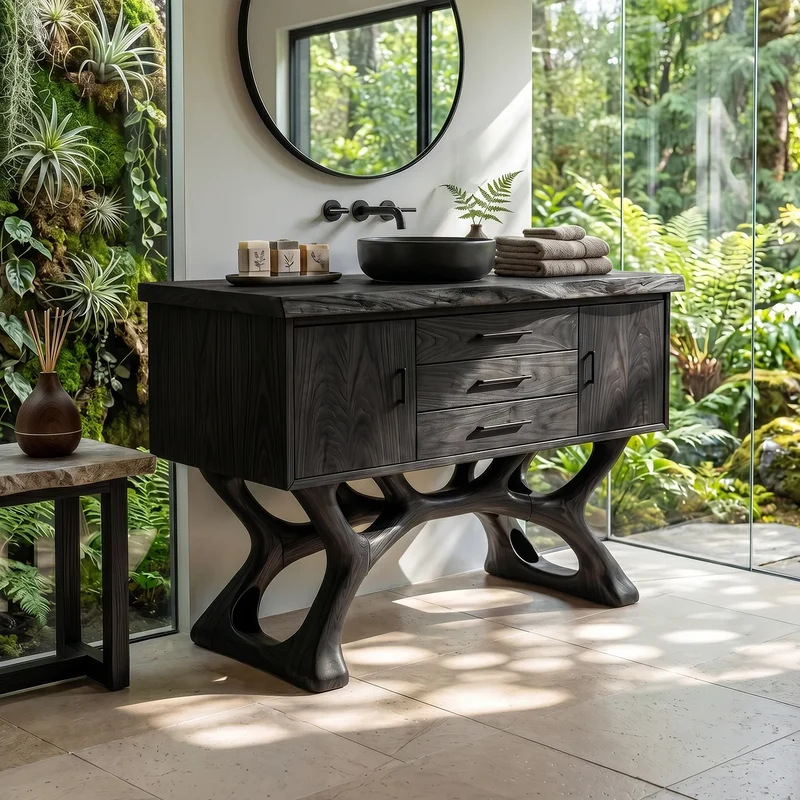 Spry Interior Tropical Wood Vanity Cabinet, Handcrafted Rustic Solid Wooden Bathroom Single Sink Console for Resort Decor, SILDTTRBRV152