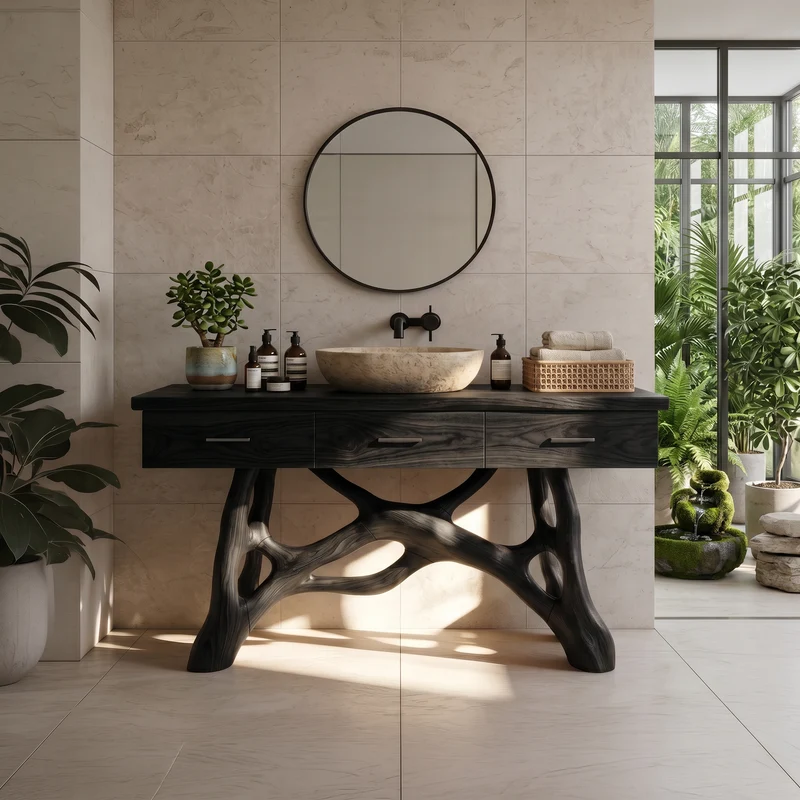 Spry Interior Natural Wood Sink Vanity with Drawers, Handcrafted Solid Wood Master Bathroom Storage Cabinet Console, SILDTTRBRV150