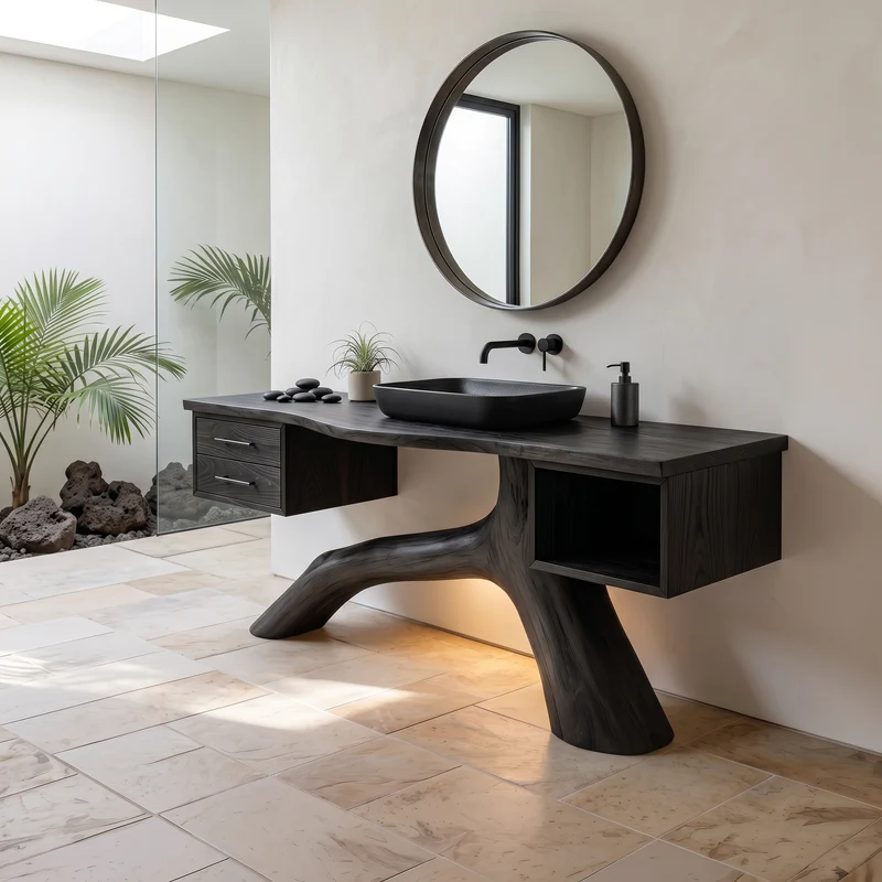 Spry Interior Tropical Double Sink Wood Vanity with Storage, Handcrafted Solid Wooden Cabinet for Luxury Resort Bathroom, SILDTTRBRV148