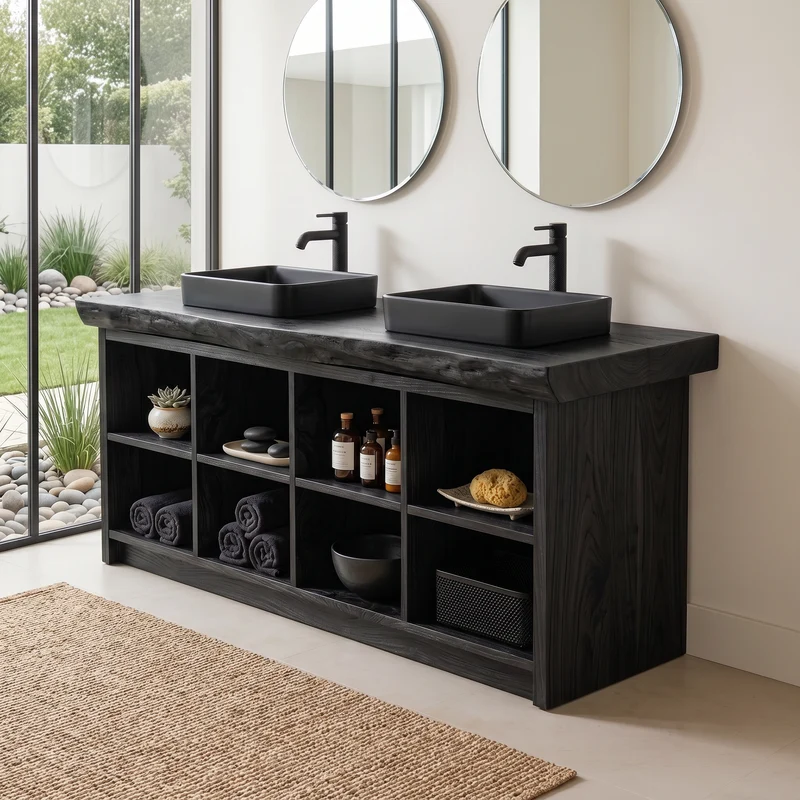 Spry Interior Double Sink Wood Bathroom Vanity with Open Shelves, Handcrafted Rustic Spa Style Solid Wooden Cabinet, SILDTTRBRV146