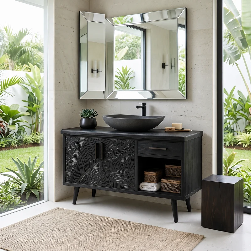 Spry Interior Luxury Wooden Vanity Cabinet with Hand-Carved Leaf Doors, Rustic Solid Wood Spa Bathroom Sink Console, SILDTTRBRV144