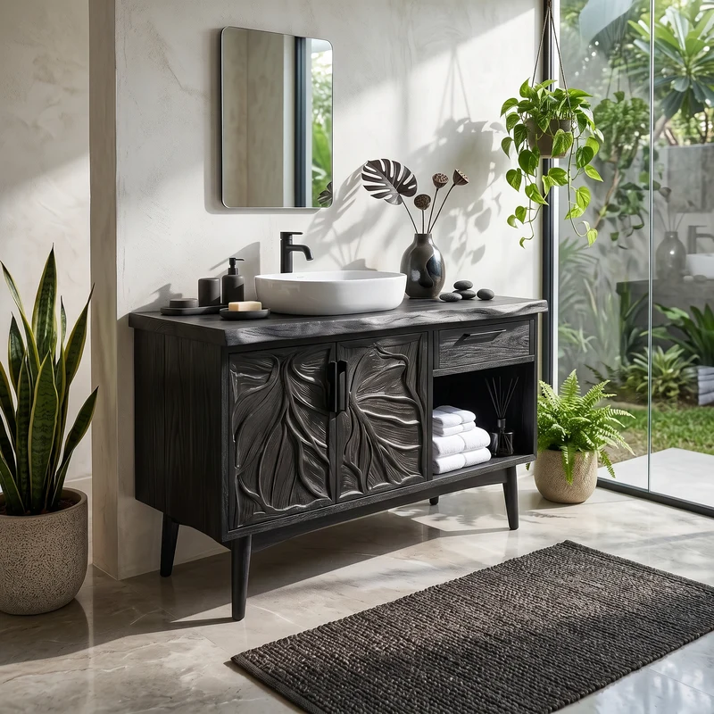 Spry Interior Tropical Wooden Vanity Cabinet with Carved Doors, Handcrafted Solid Wood Spa Bathroom Storage Console, SILDTTRBRV142