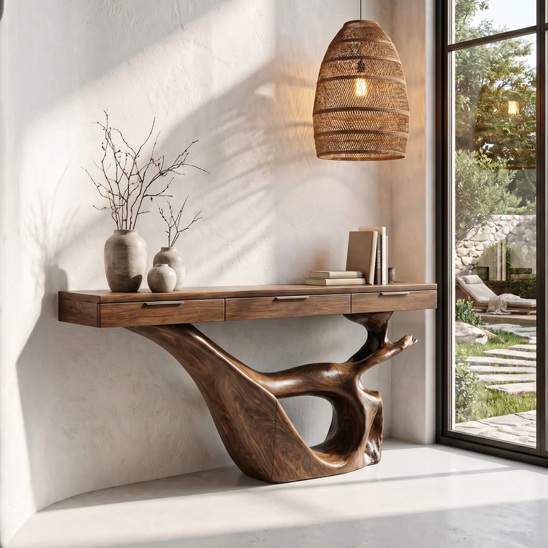 Spry Interior Minimal Console Table, Sculptural Curved Loop Solid Wood Base & Top for Entryway and Living Room, SINLHACS592