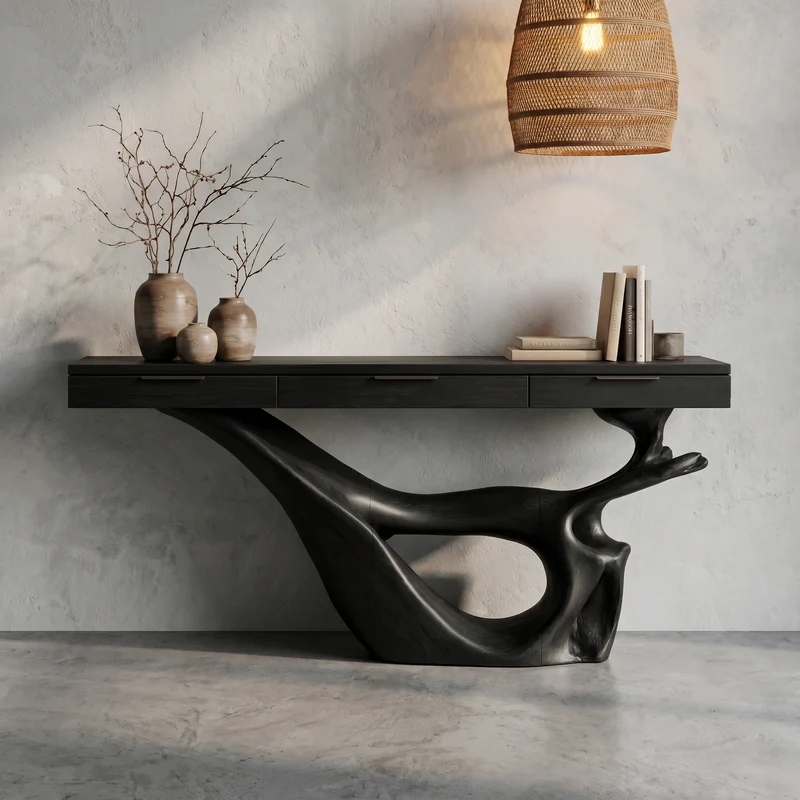 Spry Interior Minimal Console Table, Sculptural Curved Loop Solid Wood Base & Top for Entryway and Living Room, SINLHACS592