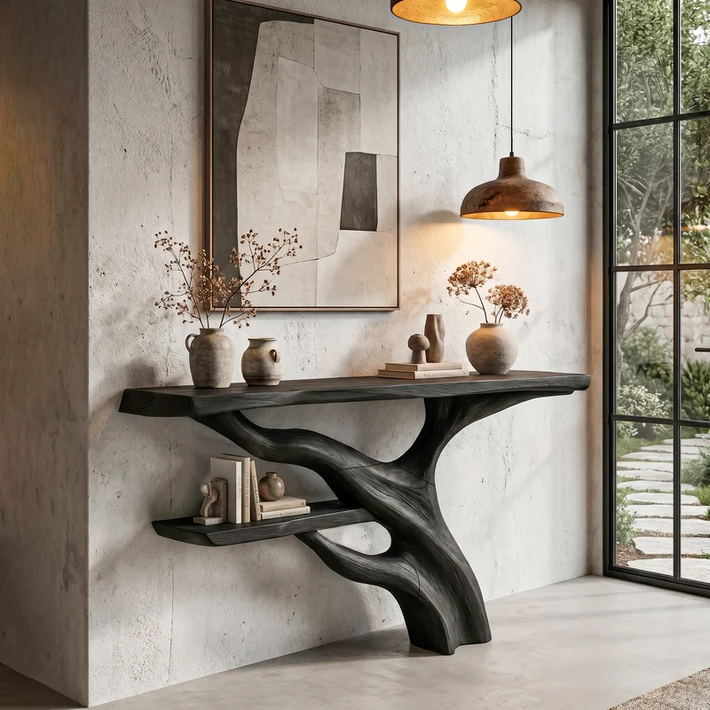 Spry Interior Sculptural Console Table, Abstract Tree Branch Wood Base & Solid Wood Top for Entryway & Foyer, SINLHACS588
