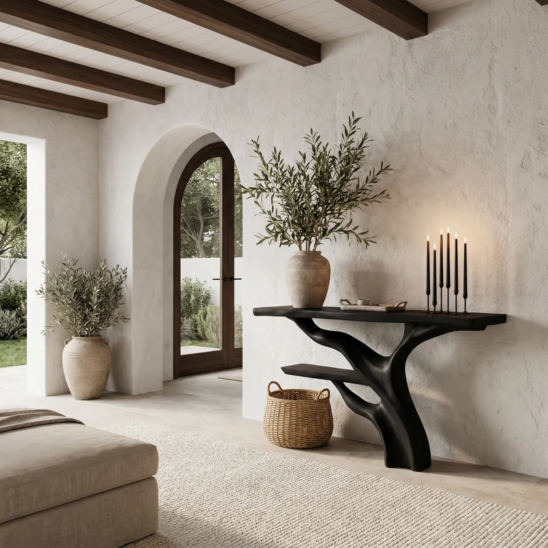 Spry Interior Sculptural Console Table, Abstract Tree Branch Wood Base & Solid Wood Top for Entryway & Foyer, SINLHACS588
