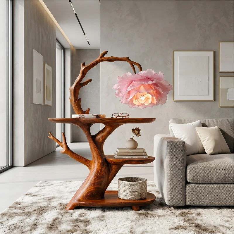 Spry Interior Contemporary Side Table with Floral Accent Lamp, Handcrafted Solid Wood Bedside Nightstand for Bedroom, SINLSABT275