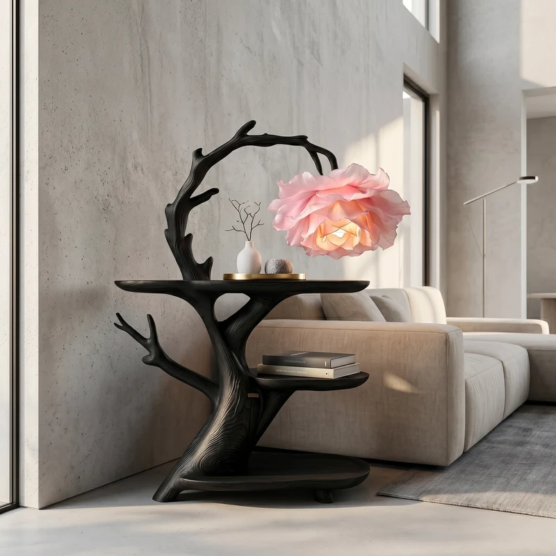 Spry Interior Contemporary Side Table with Floral Accent Lamp, Handcrafted Solid Wood Bedside Nightstand for Bedroom, SINLSABT275