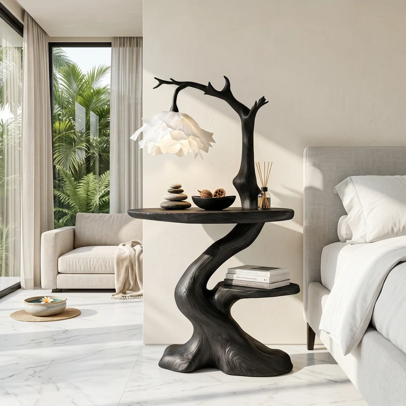 Spry Interior Modern End Table with Tree Branch Lamp, Handcrafted Solid Wood Side Table & Bedside Nightstand for Bedroom, SINLSABT274