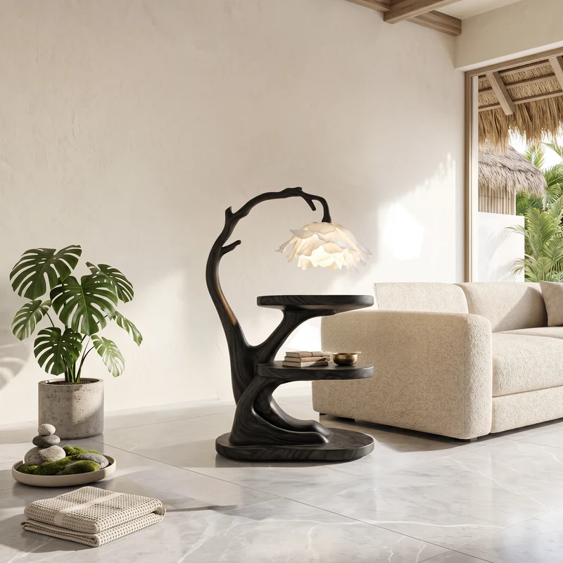 Spry Interior Organic Bedside Table with Sculptural Flower Lamp, Solid Wood Nightstand & Side Table for Bedroom, SINLSABT273