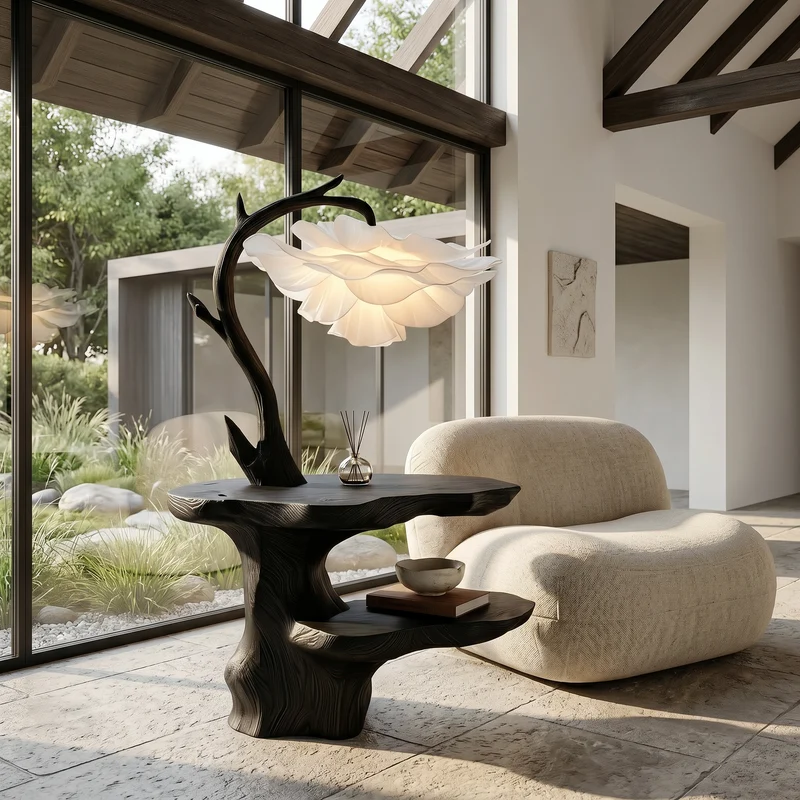Spry Interior Organic End Table with Flower Lamp, Tree Branch Solid Wood Bedside Table & Accent Nightstand, SINLSABT271